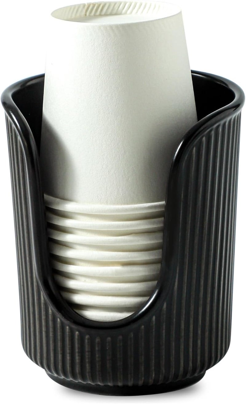 Dobbyby Ceramic Bathroom Cup Dispenser with Stylish Vertical Stripes - Disposable Mouthwash Cup Holder Holds 3-4oz Paper Cups for Rinsing Cups on Bathroom Vanity Countertops (Black) - Image 1